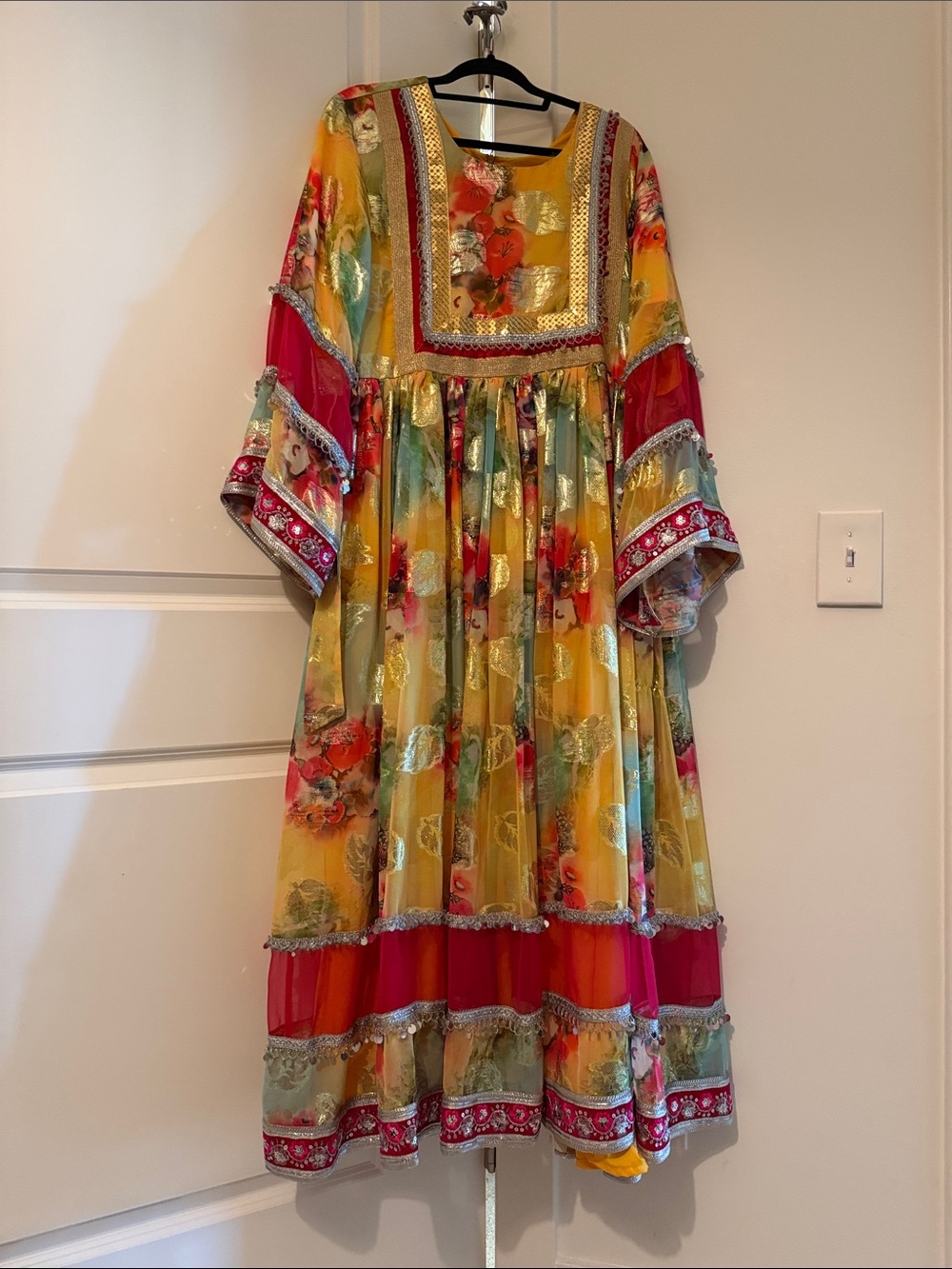 Afghan Kochi floral Maxi Dress with Pink Accents
